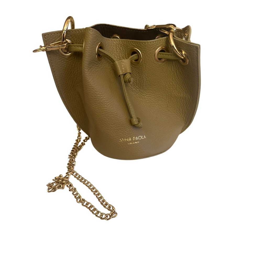 Anna Paola Genuine Leather Olive Green Bucket Bag With Chain Strap